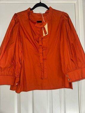 JODIFL Orange Ruffle Tie-Neck Blouse